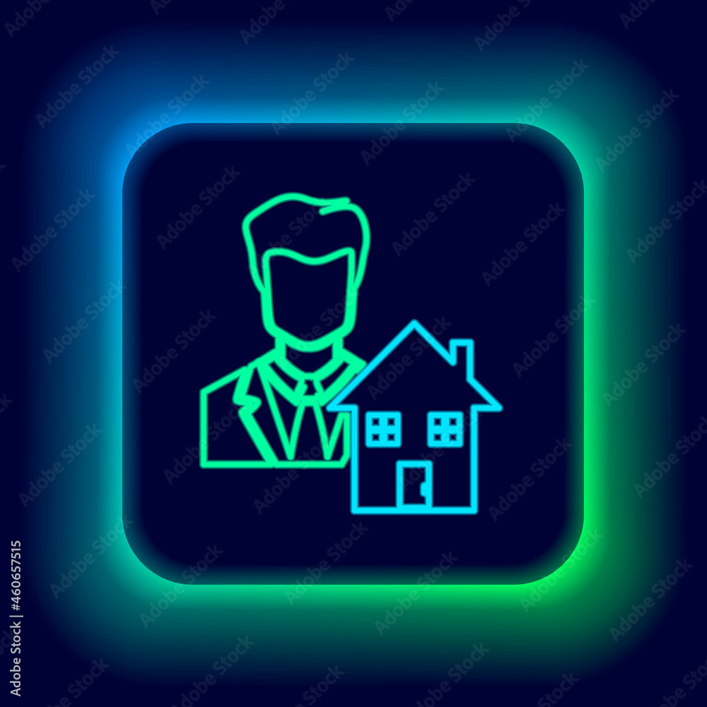 Glowing neon line Realtor icon isolated on black background. Buying house. Colorful outline concept. Vector Glowing neon line Realtor icon isolated on black background. Buying house. Colorful outline concept. Vector
