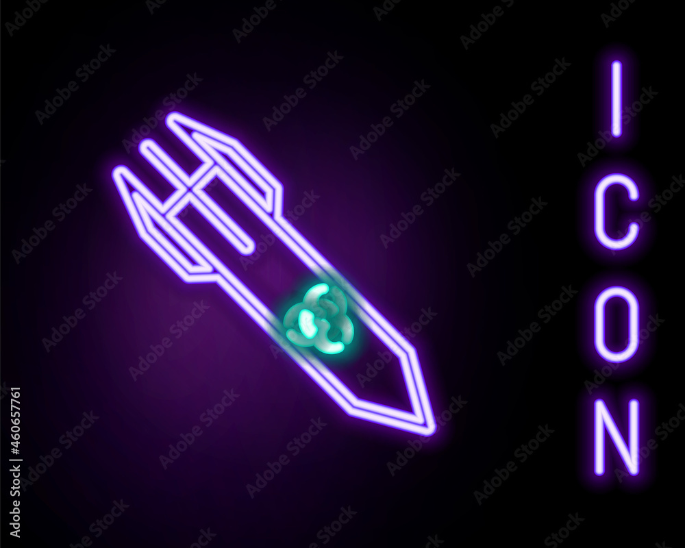 Glowing neon line Biohazard rocket icon isolated on black background. Rocket bomb flies down. Colorful outline concept. Vector Glowing neon line Biohazard rocket icon isolated on black background. Rocket bomb flies down. Colorful outline concept. Vector