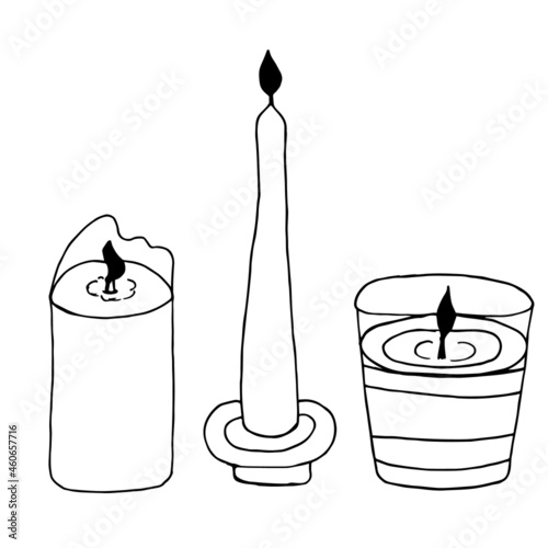 Candle set vector illustration in doodle style. Winter elements for birthday cards, posters, stickers and seasonal design. Isolated on white background. Hand drawn element of New Year, Xmas or autumn.