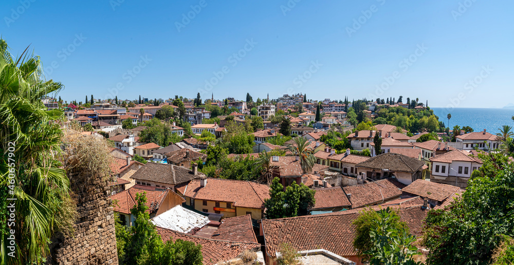 old roofs of houses, the old kaleichi district in antalya. panorama. the historical center of Antalya, where there are many small hotels and restaurants, is a favorite place of travelers and tourists