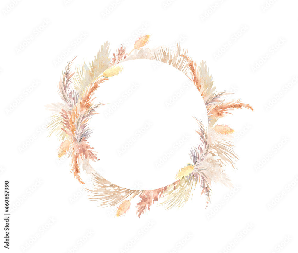 Pampas grass wreath painted in watercolor. Boho floral neutral colors round  frame. Botanical boho circle border isolated on white. Bohemian style  wedding invitation, greeting, card, scrapbooking Stock Illustration | Adobe  Stock