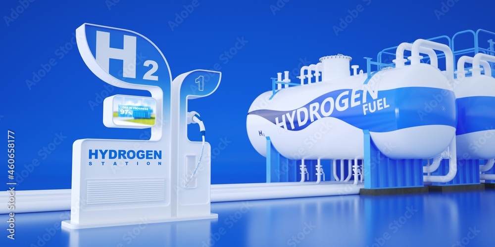 Supply hydrogen for vehicles. Hydrogen storage tanks.  - obrazy, fototapety, plakaty 
