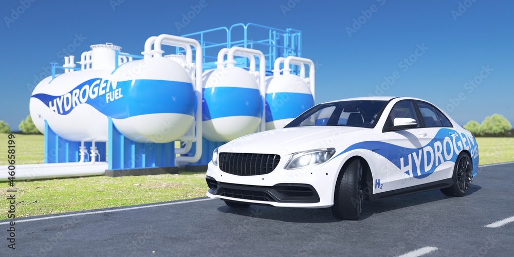 Hydrogen car parked with hydrogen tanks.  - obrazy, fototapety, plakaty 