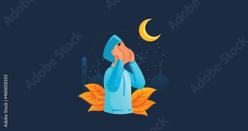 Animation - motion graphic- A Man is doing Adzan at night, A call For Muslim To Pray  during Ramadan - vector illustration