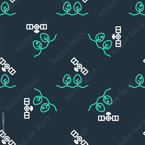 Line Smart farm with drone control and tree icon isolated seamless pattern on black background. Innovation technology for agricultural company. Vector