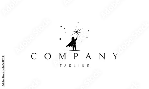 Vector logo on which an abstract image of a little prince reaching for a star.