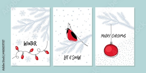 Wallpaper Mural Christmas greeting cards or posters with garland bulbs, spruce branch, with cardinal bird and Christmas tree ball on snowflakes backgrounds and inscriptions. Vector New year, Christmas, winter symbol. Torontodigital.ca