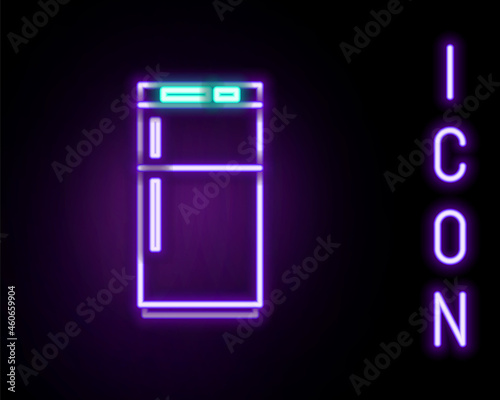 Glowing neon line Refrigerator icon isolated on black background. Fridge freezer refrigerator. Household tech and appliances. Colorful outline concept. Vector
