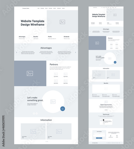 Modern and adaptive website design template for development. Landing page wireframe.