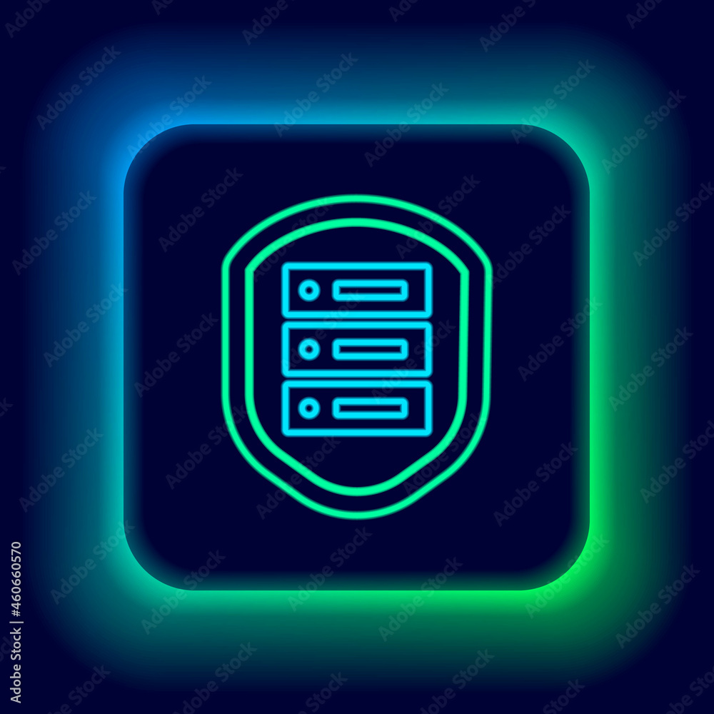 Glowing neon line Server with shield icon isolated on black background. Protection against attacks. Network firewall, router, switch, data. Colorful outline concept. Vector Glowing neon line Server with shield icon isolated on black background. Protection against attacks. Network firewall, router, switch, data. Colorful outline concept. Vector