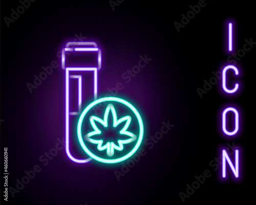 Glowing neon line Chemical test tube with marijuana or cannabis leaf icon isolated on black background. Research concept. Laboratory CBD oil. Colorful outline concept. Vector