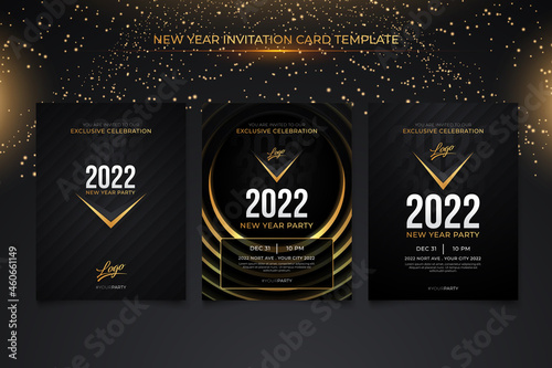 New year invitation card template with black gold background