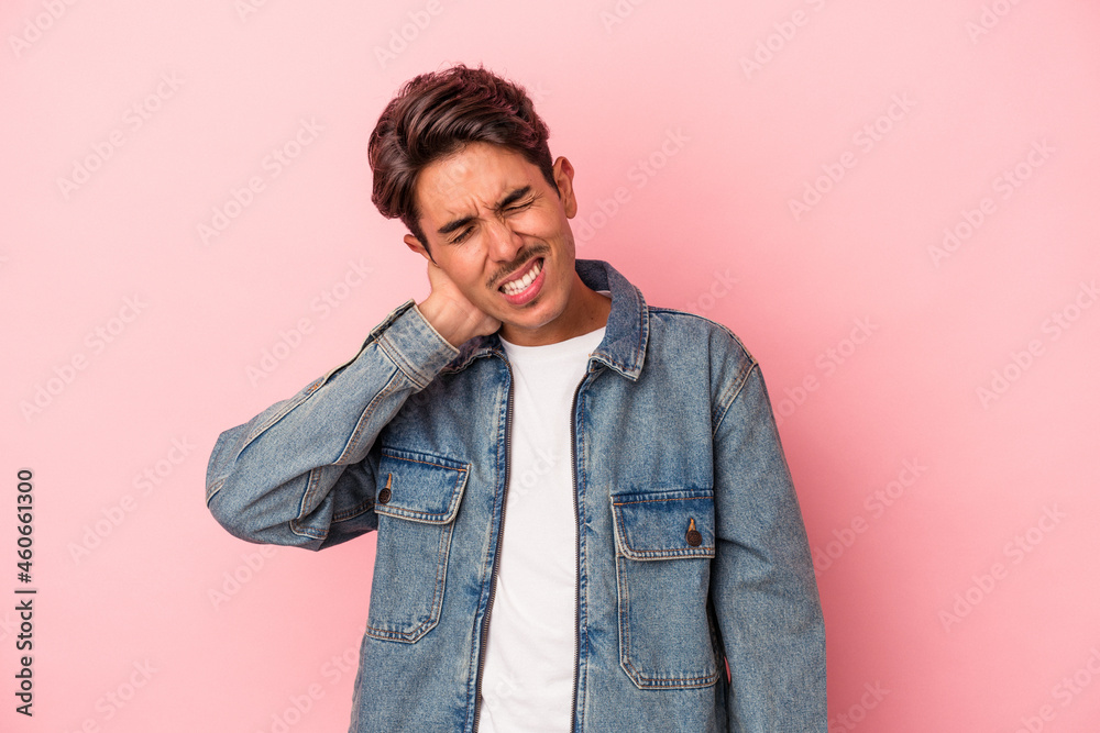 Young mixed race man isolated on white background having a neck pain due to stress, massaging and touching it with hand.