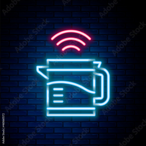 Glowing neon line Smart electric kettle system icon isolated on brick wall background. Teapot icon. Internet of things concept with wireless connection. Colorful outline concept. Vector