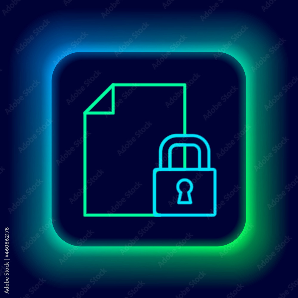 Glowing neon line Document and lock icon isolated on black background. File format and padlock. Security, safety, protection concept. Colorful outline concept. Vector Glowing neon line Document and lock icon isolated on black background. File format and padlock. Security, safety, protection concept. Colorful outline concept. Vector