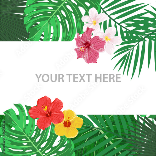 Vector Square Banner, Card with Tropic Leaves and Flowers. Tropical Background. Flat Vector Illustration. Exotic, Summer, Tropic Concept. Design for Invitation, Announcement, Poster, Advertisement