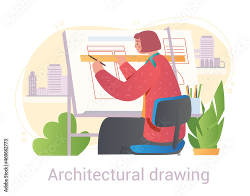 Woman draws blueprint. Design, layout creation, building development, architect, engineer. Sketch on architectural board in office. Cartoon flat vector illustration isolated on white background