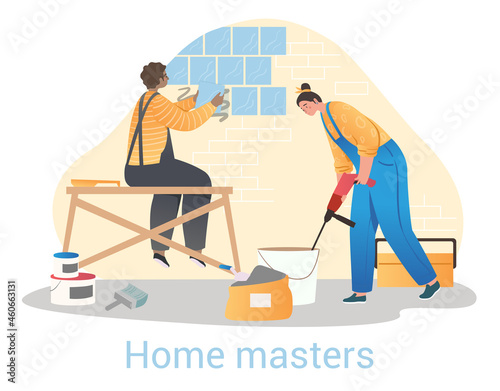 Two workers renovating apartment. People gluing wallpaper, builders painting walls. Laying tiles, wall decoration, home improvement. Cartoon flat vector illustration isolated on white background
