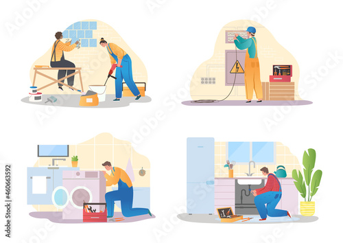 Set of various smiling home masters and repairmans vector flat illustration. Collection of different plumber, painter, plasterer, tiler and electrician isolated on white. Man and woman repairers