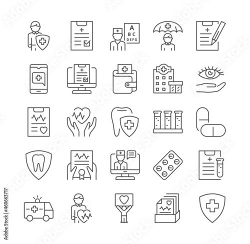 Health insurance coverage. Icons for medical websites, graphic elements for pages. Private clinic, medical services, outline, line art. Cartoon flat vector illustration isolated on white background