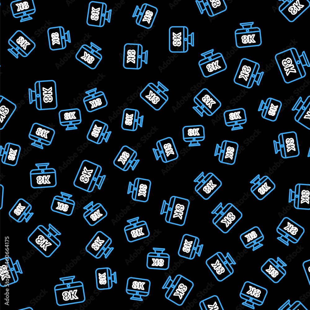 Line Computer PC monitor display with 8k video technology icon isolated seamless pattern on black background. Vector Line Computer PC monitor display with 8k video technology icon isolated seamless pattern on black background. Vector