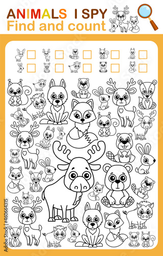 Fototapeta Naklejka Na Ścianę i Meble -  Coloring book page i spy. Count and color wild animal. Printable worksheet for kindergarten and preschool