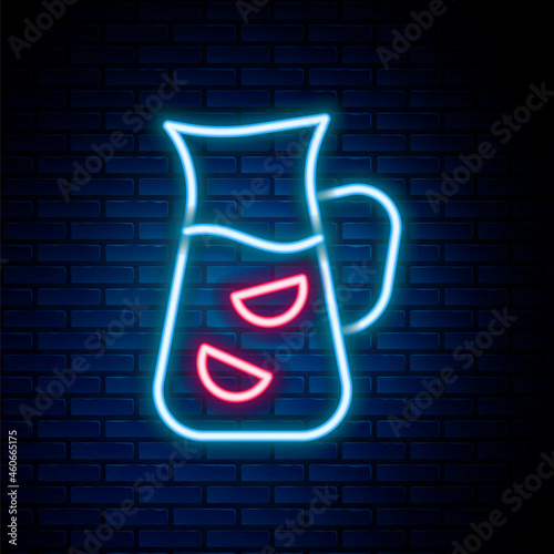 Glowing neon line Sangria icon isolated on brick wall background. Traditional spanish drink. Colorful outline concept. Vector