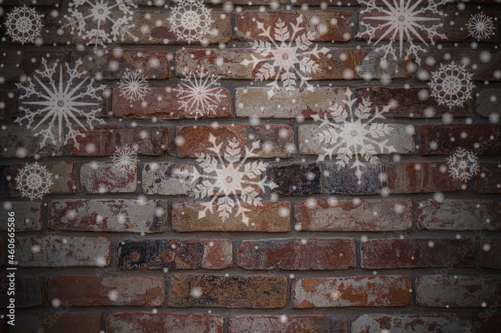 Christmas illustration with white snowflakwes on  brick wall background