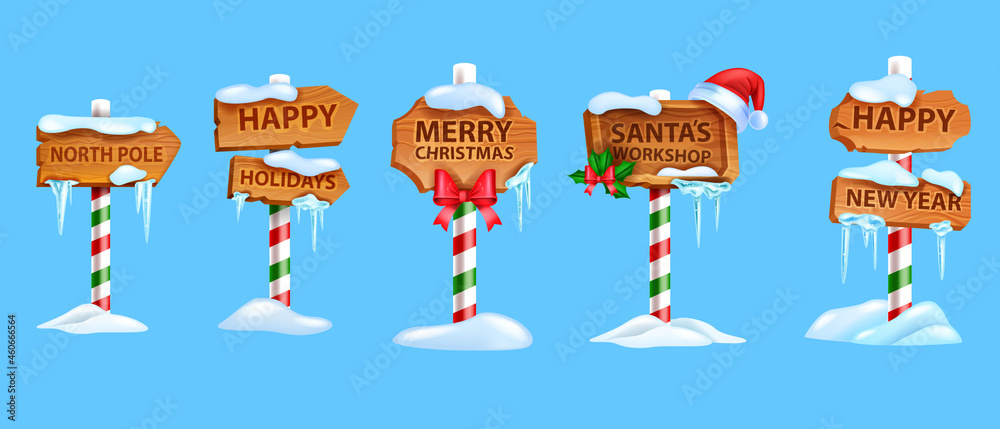 Christmas wooden sigh board set, vector x-mas North Pole road pointer, Santa Claus workshop arrow. New Year holiday game frame kit, snow drift, winter decoration titles. Christmas sign banners, icicle - obrazy, fototapety, plakaty 