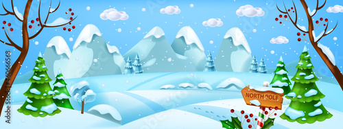 Christmas winter landscape, vector x-mas snow background, North Pole woodland horizontal view. Holiday season cold forest scene, snowdrift, mountains, pine tree. Magic frozen Christmas landscape
