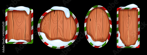 Christmas wooden sign board collection, vector winter holiday rustic banner frame set, snowdrift. Game UI x-mas timber badge kit, vintage geometric menu tablet, decoration design element. Wooden sign