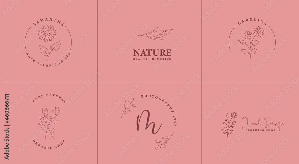 Feminine logos collection, hand drawn modern minimalistic and watercolor badge templates for branding, identity, boutique, salon. Feminine logos collection, hand drawn modern minimalistic and watercolor badge templates for branding, identity, boutique, salon.