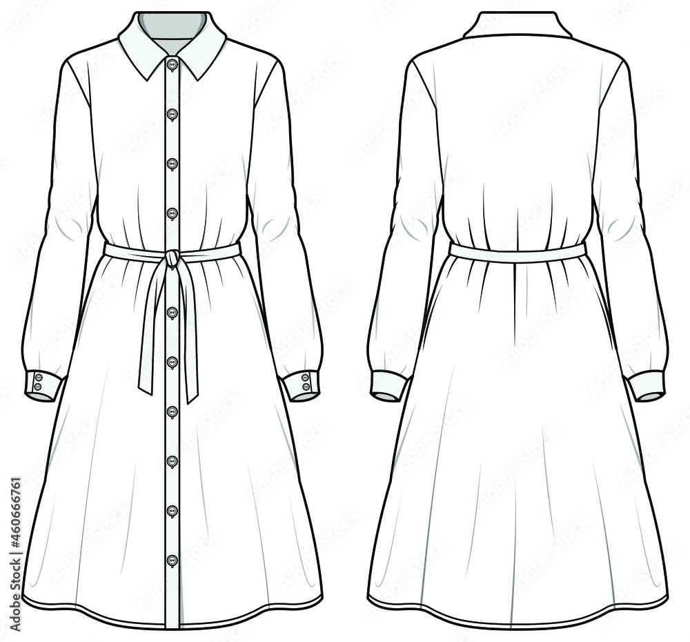 Women Collared Long Sleeve Dress with Waistband Front and Back View