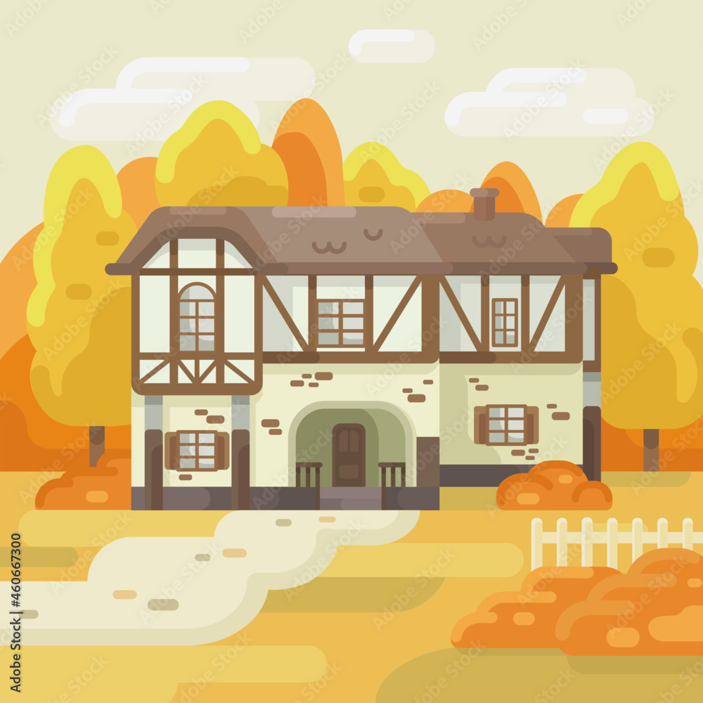 Autumn landscape. House against the background of the sky and other elements of the environment. Mansion vector illustration. House front view in trendy flat style. House facade with door and windows