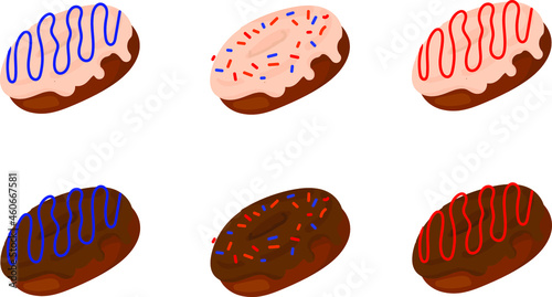 Set of 6 cartoon donuts with multicolored glaze and sprinkles