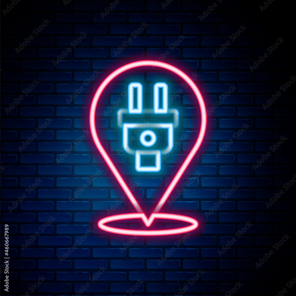 Glowing neon line Electric plug icon isolated on brick wall background. Concept of connection and disconnection of the electricity. Colorful outline concept. Vector Glowing neon line Electric plug icon isolated on brick wall background. Concept of connection and disconnection of the electricity. Colorful outline concept. Vector