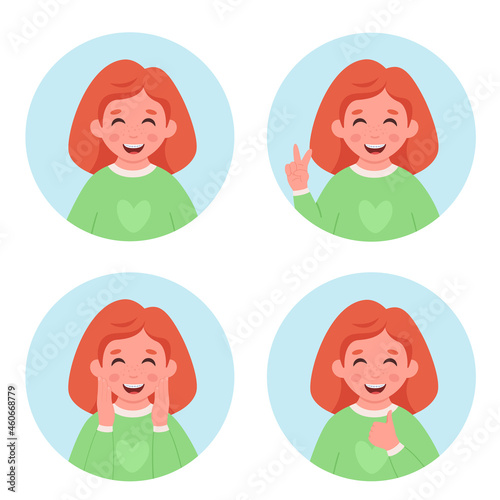 Girl with braces on teeth. Elementary school student. Little girl portrait in circular frame. Vector illustration