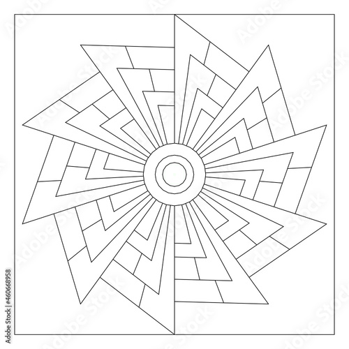 Simple Mandala Designs to color. Easy coloring pages for seniors. Composition of 10 fold rotational symmetry of triangular shapes in tile square form. Tile pattern in EPS8 file. #323