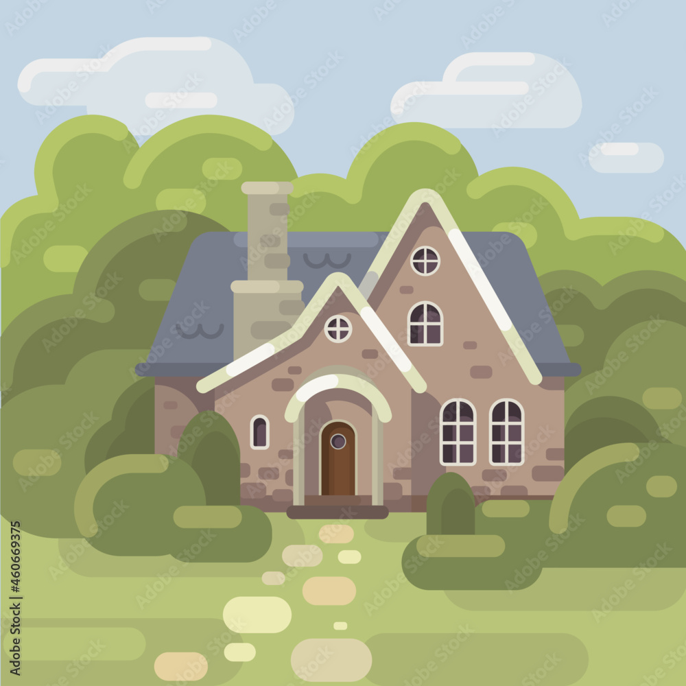 Stylish house against the sky and other elements of the environment. Mansion vector illustration. House exterior front view in trendy flat style. Home faсade with door and windows Stylish house against the sky and other elements of the environment. Mansion vector illustration. House exterior front view in trendy flat style. Home faсade with door and windows