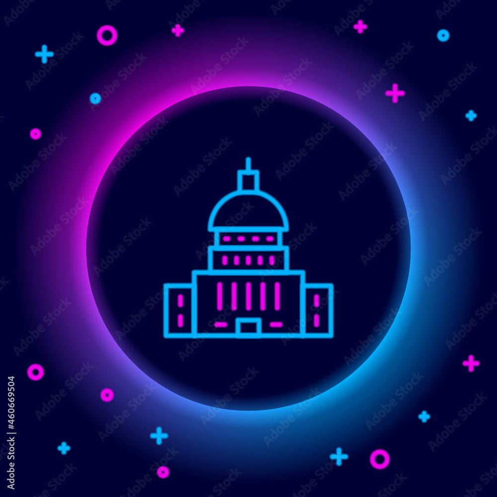 Glowing neon line White House icon isolated on black background. Washington DC. Colorful outline concept. Vector