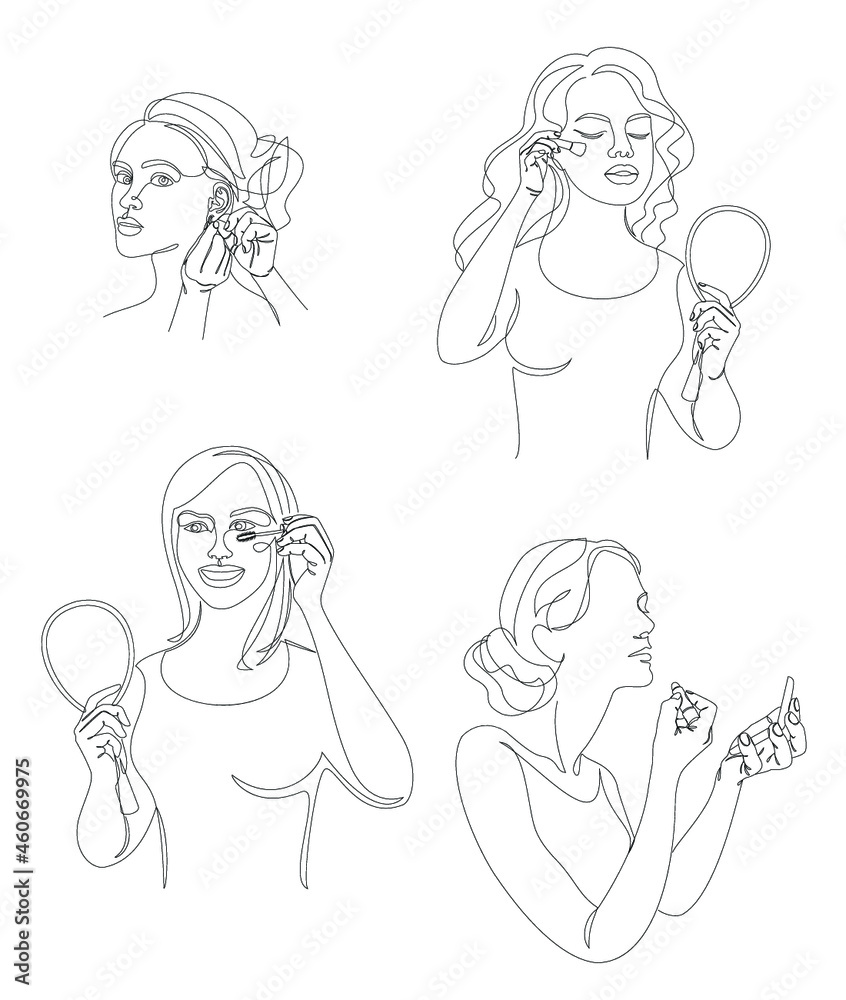 Collection. Silhouettes of a lady. The girl does mauiyage, paints lips, eyelashes, cheeks, earrings in a modern solid line style. Sketches, posters, stickers, logo. Set of vector illustrations. Collection. Silhouettes of a lady. The girl does mauiyage, paints lips, eyelashes, cheeks, earrings in a modern solid line style. Sketches, posters, stickers, logo. Set of vector illustrations.