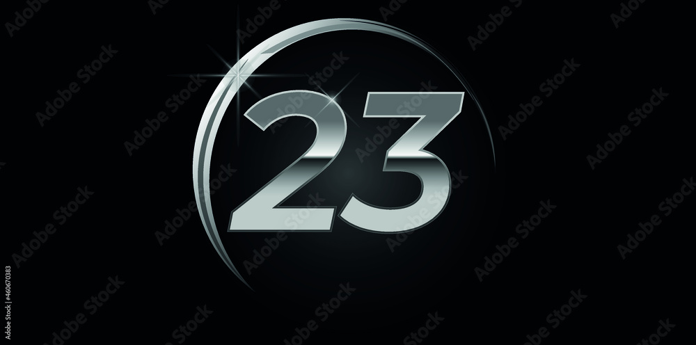 Chrome vector number 23. Logo for birthday, celebrations, dates with silver ring isolated on black background with silver light, vector design for celebration, invitation card and greeting card Chrome vector number 23. Logo for birthday, celebrations, dates with silver ring isolated on black background with silver light, vector design for celebration, invitation card and greeting card
