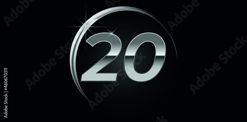 Chrome vector number 20. Logo for birthday, celebrations, dates with silver ring isolated on black background with silver light, vector design for celebration, invitation card and greeting card