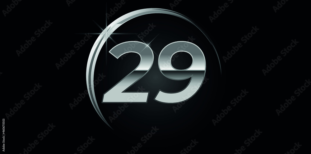 Chrome vector number 29. Logo for birthday, celebrations, dates with silver ring isolated on black background with silver light, vector design for celebration, invitation card and greeting card Chrome vector number 29. Logo for birthday, celebrations, dates with silver ring isolated on black background with silver light, vector design for celebration, invitation card and greeting card