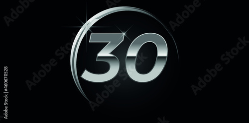 Chrome vector number 30. Logo for birthday, celebrations, dates with silver ring isolated on black background with silver light, vector design for celebration, invitation card and greeting card