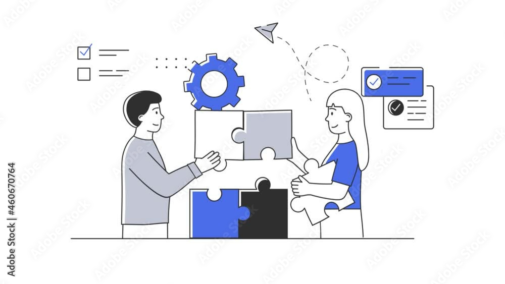 People connecting puzzle elements. Team find solution during brainstorm. Flat illustration cartoon concept. Simple style 2d animation with alpha channel isolated on white background. People connecting puzzle elements. Team find solution during brainstorm. Flat illustration cartoon concept. Simple style 2d animation with alpha channel isolated on white background.