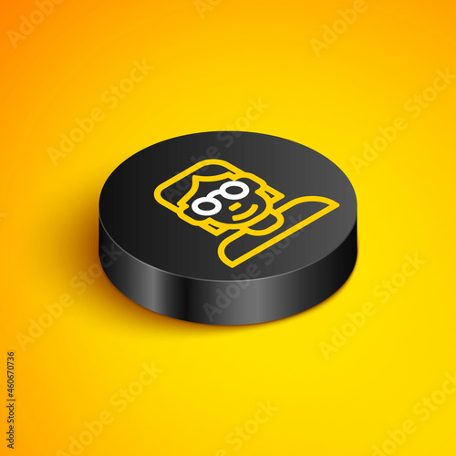 Isometric line Hacker or coder icon isolated on yellow background. Programmer developer working on code, coding, testing, debugging, analysing. Black circle button. Vector