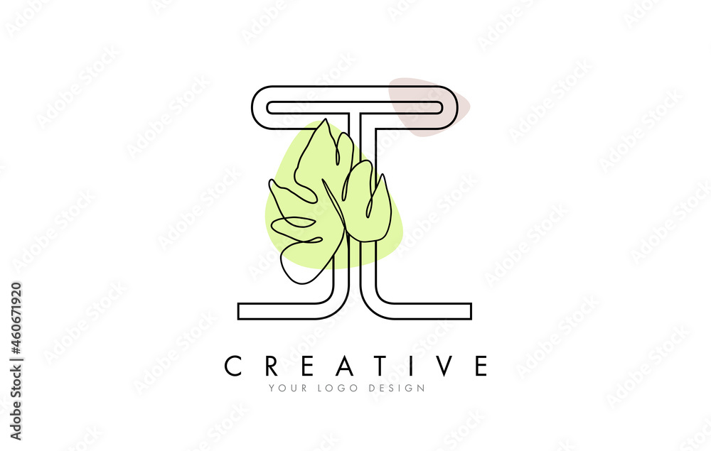 Black Outline T letter logo design with outline Monstera Leaf One Line Drawing Vector Illustration. Black Outline T letter logo design with outline Monstera Leaf One Line Drawing Vector Illustration.