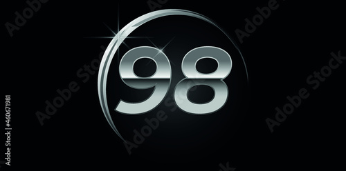 Chrome vector number 98. Logo for birthday, celebrations, dates with silver ring isolated on black background with silver light, vector design for celebration, invitation card and greeting card