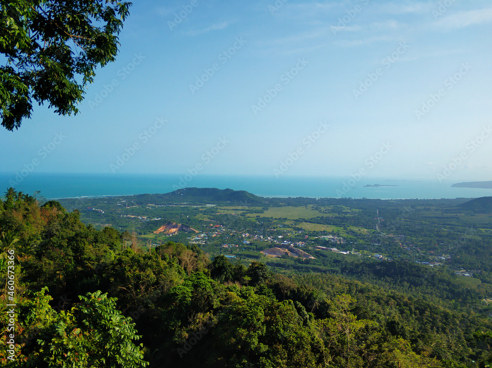 Panoramic view of the jungle valley on an island in the ocean